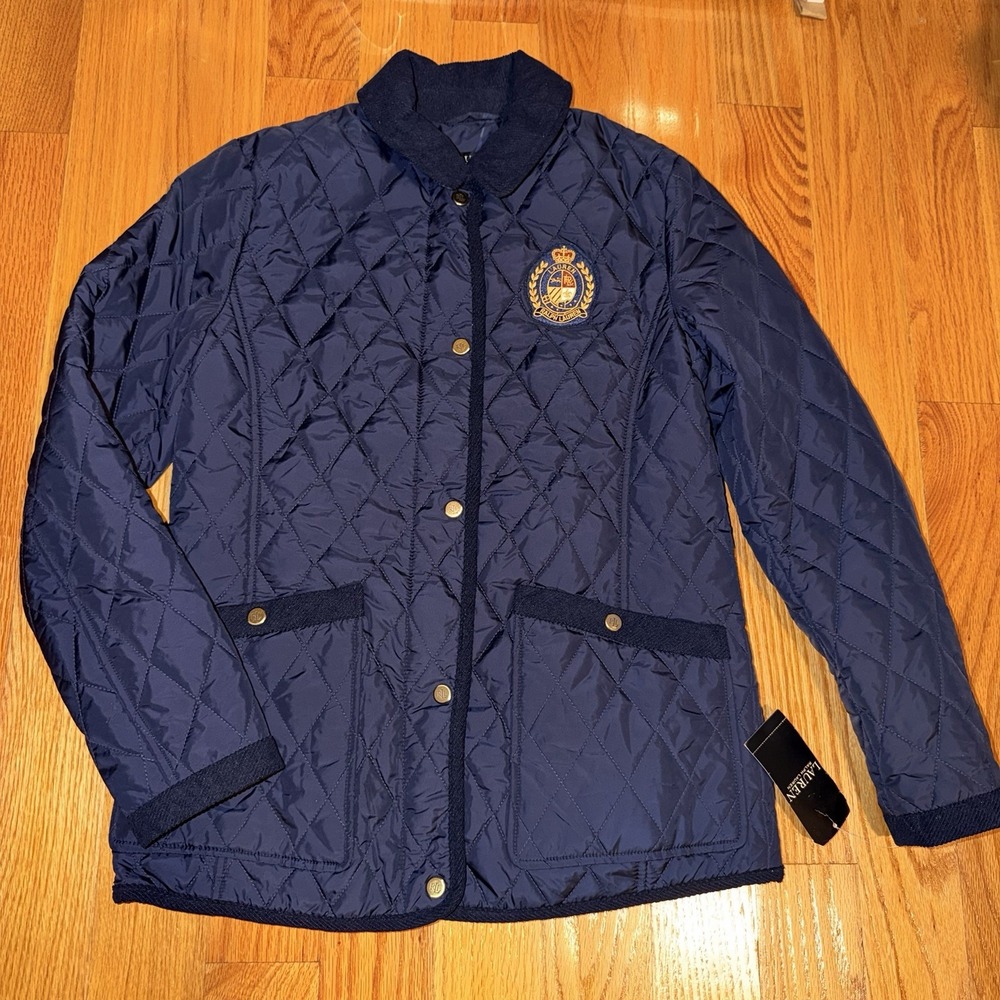 Lauren Ralph Lauren Crest Patch Quilted Jacket Women's XS Navy Snap NWT